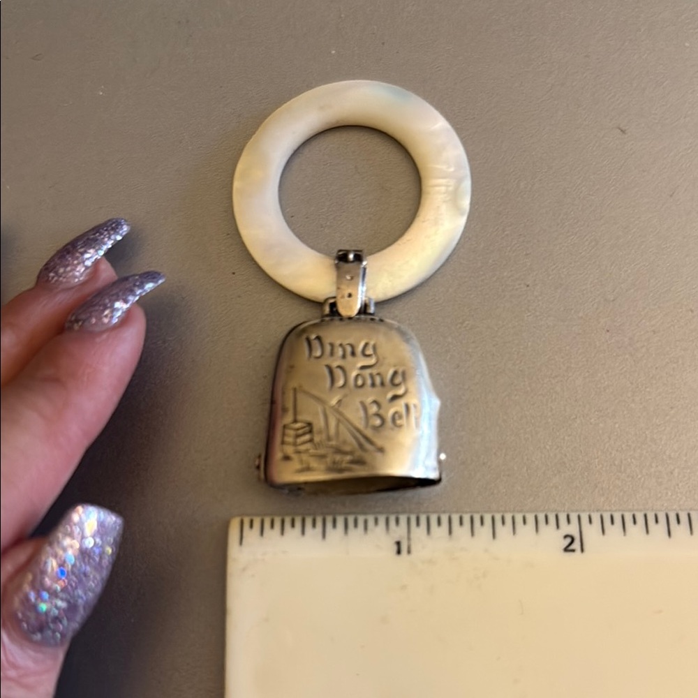 Antique Sterling Silver Baby Rattle Keychain MOP Ring Etched Ding Dong Bell